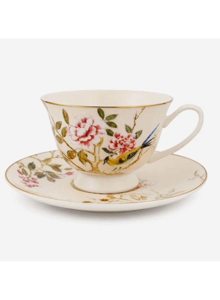 AKDC Luhpar Chinoserie Floral Ceramic Cup & Saucer – 220 ml – Gold Decal Design AM-015 - Image 1