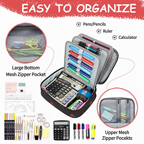 VASCHY Large Pencil Case Bag, Art Supply Marker Organizer Big Pen Pouch with Detachable Layers Slots Multiple Zipper Pockets for Kids Adults School Office Black Rose - Image 4