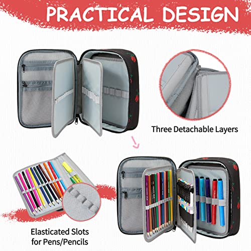 VASCHY Large Pencil Case Bag, Art Supply Marker Organizer Big Pen Pouch with Detachable Layers Slots Multiple Zipper Pockets for Kids Adults School Office Black Rose - Image 3
