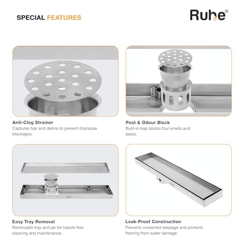 Ruhe Tile Insert Shower Drain Channel | 18 x 3 Inches | Waste Water Floor Drainer | 304 Stainless Steel | Invisible Shower Drain Channel | Anti Cockroach Trap | Side Hole Type | Silver - Image 3