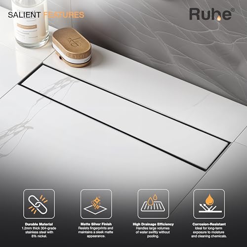 Ruhe Tile Insert Shower Drain Channel | 18 x 3 Inches | Waste Water Floor Drainer | 304 Stainless Steel | Invisible Shower Drain Channel | Anti Cockroach Trap | Side Hole Type | Silver - Image 4