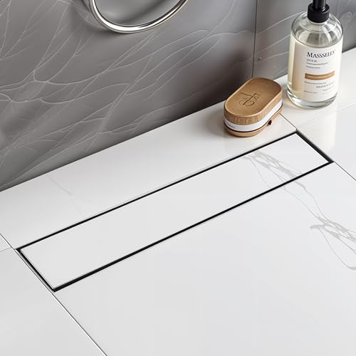 Ruhe Tile Insert Shower Drain Channel | 18 x 3 Inches | Waste Water Floor Drainer | 304 Stainless Steel | Invisible Shower Drain Channel | Anti Cockroach Trap | Side Hole Type | Silver - Image 1