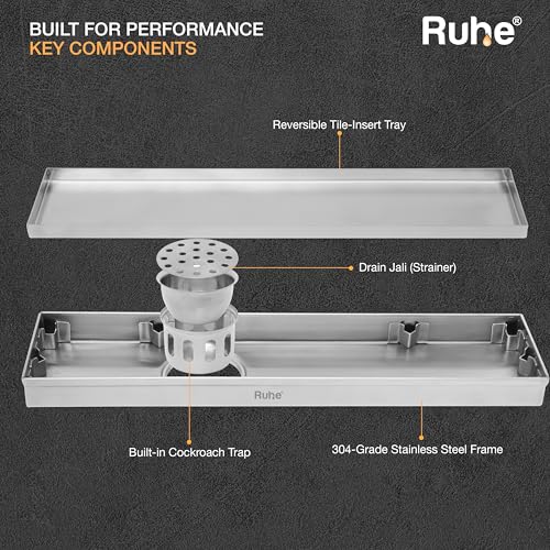 Ruhe Tile Insert Shower Drain Channel | 18 x 3 Inches | Waste Water Floor Drainer | 304 Stainless Steel | Invisible Shower Drain Channel | Anti Cockroach Trap | Side Hole Type | Silver - Image 5