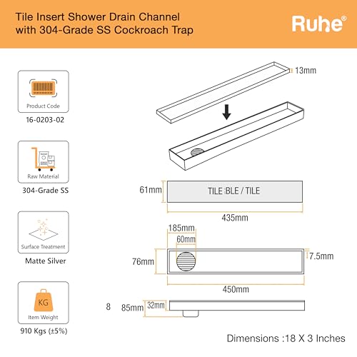 Ruhe Tile Insert Shower Drain Channel | 18 x 3 Inches | Waste Water Floor Drainer | 304 Stainless Steel | Invisible Shower Drain Channel | Anti Cockroach Trap | Side Hole Type | Silver - Image 2