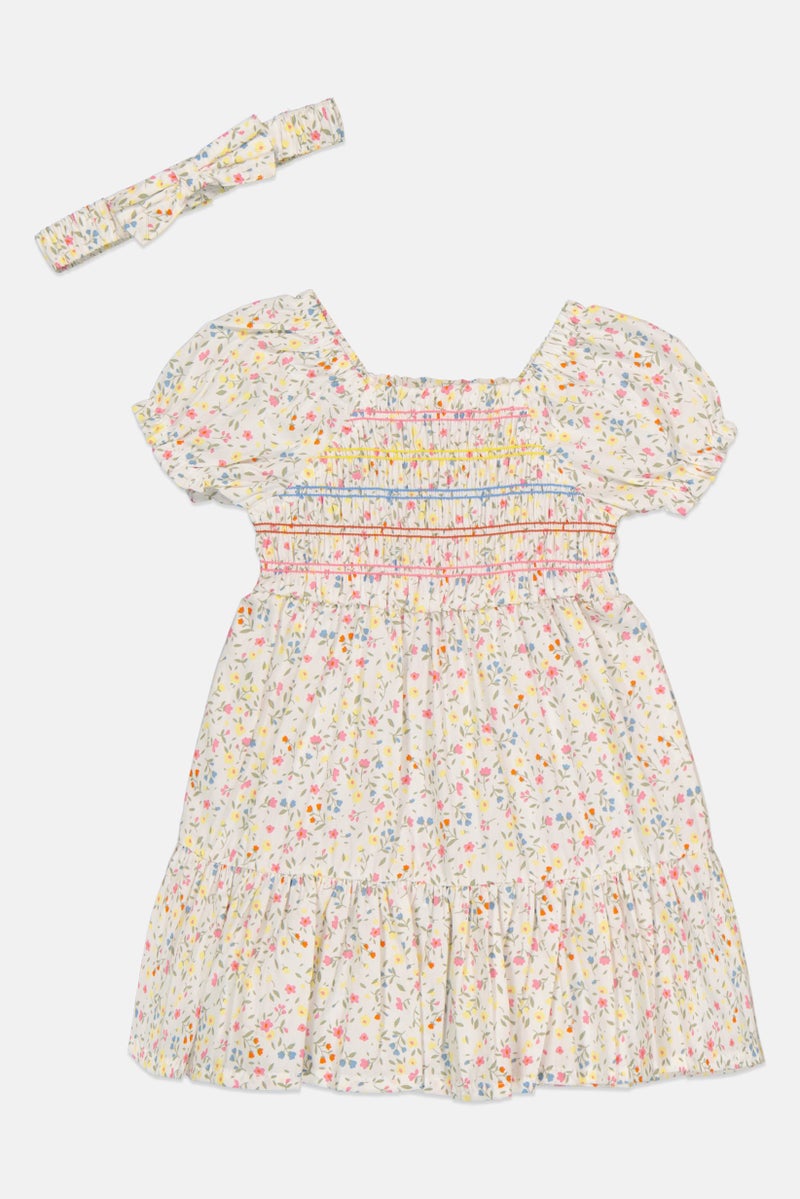 Willow & Whistle Toddlers Girl 2Pcs Floral Smocking Dress And Headband Set, Multicolor - Image 2