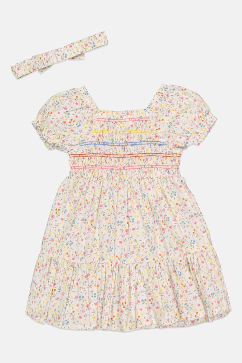 Willow & Whistle Toddlers Girl 2Pcs Floral Smocking Dress And Headband Set, Multicolor - Image 3