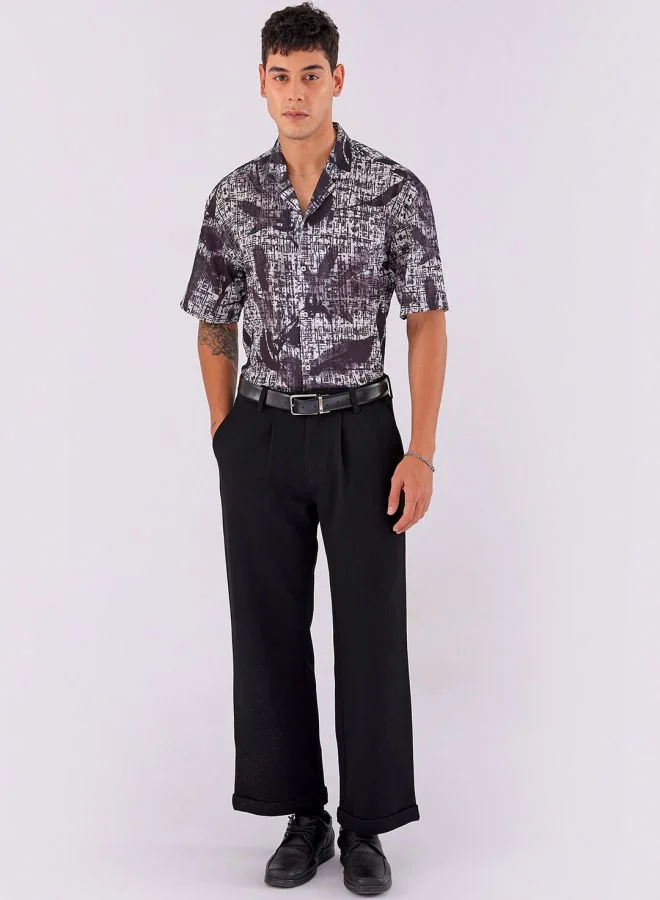 The Indian Garage Co Men Relaxed Fit Abstract Printed Half Sleeves Cuban Collar Resort Wear Shirt