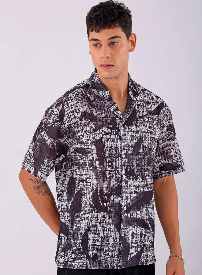 The Indian Garage Co Men Relaxed Fit Abstract Printed Half Sleeves Cuban Collar Resort Wear Shirt