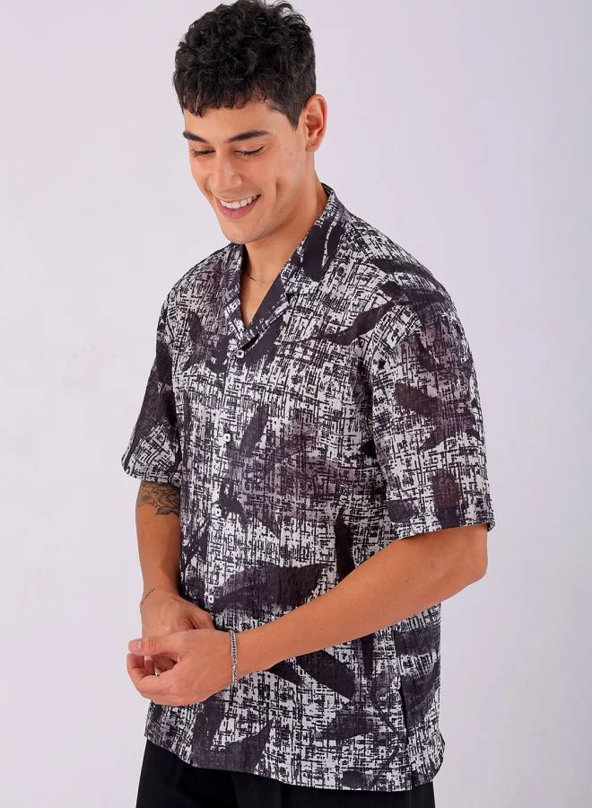 The Indian Garage Co Men Relaxed Fit Abstract Printed Half Sleeves Cuban Collar Resort Wear Shirt