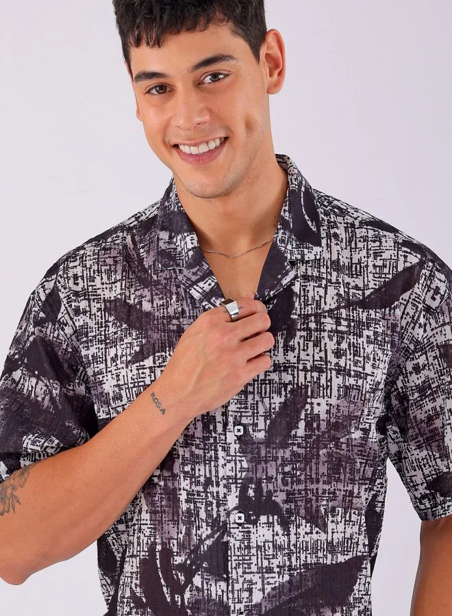 The Indian Garage Co Men Relaxed Fit Abstract Printed Half Sleeves Cuban Collar Resort Wear Shirt