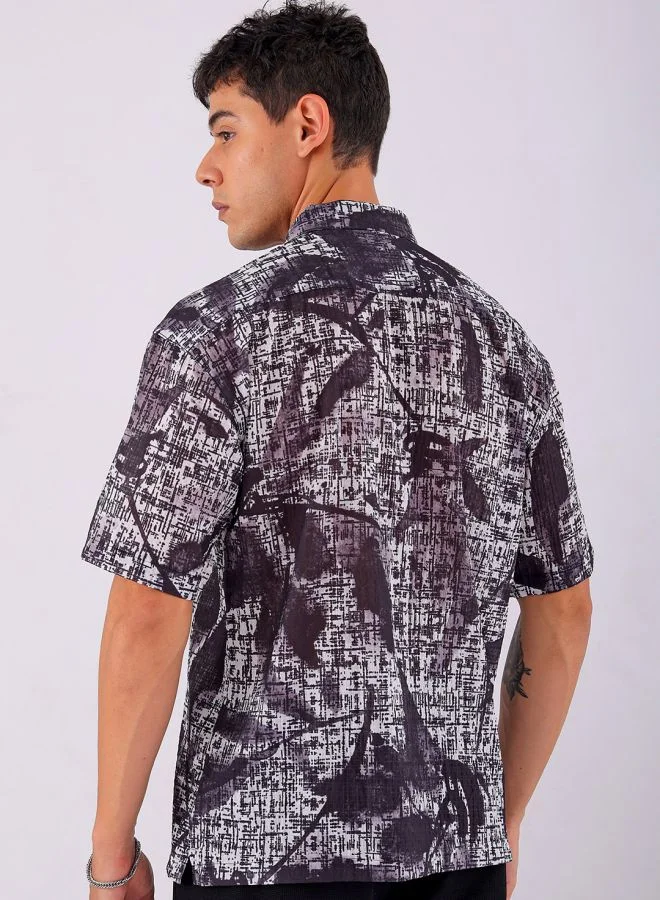 The Indian Garage Co Men Relaxed Fit Abstract Printed Half Sleeves Cuban Collar Resort Wear Shirt