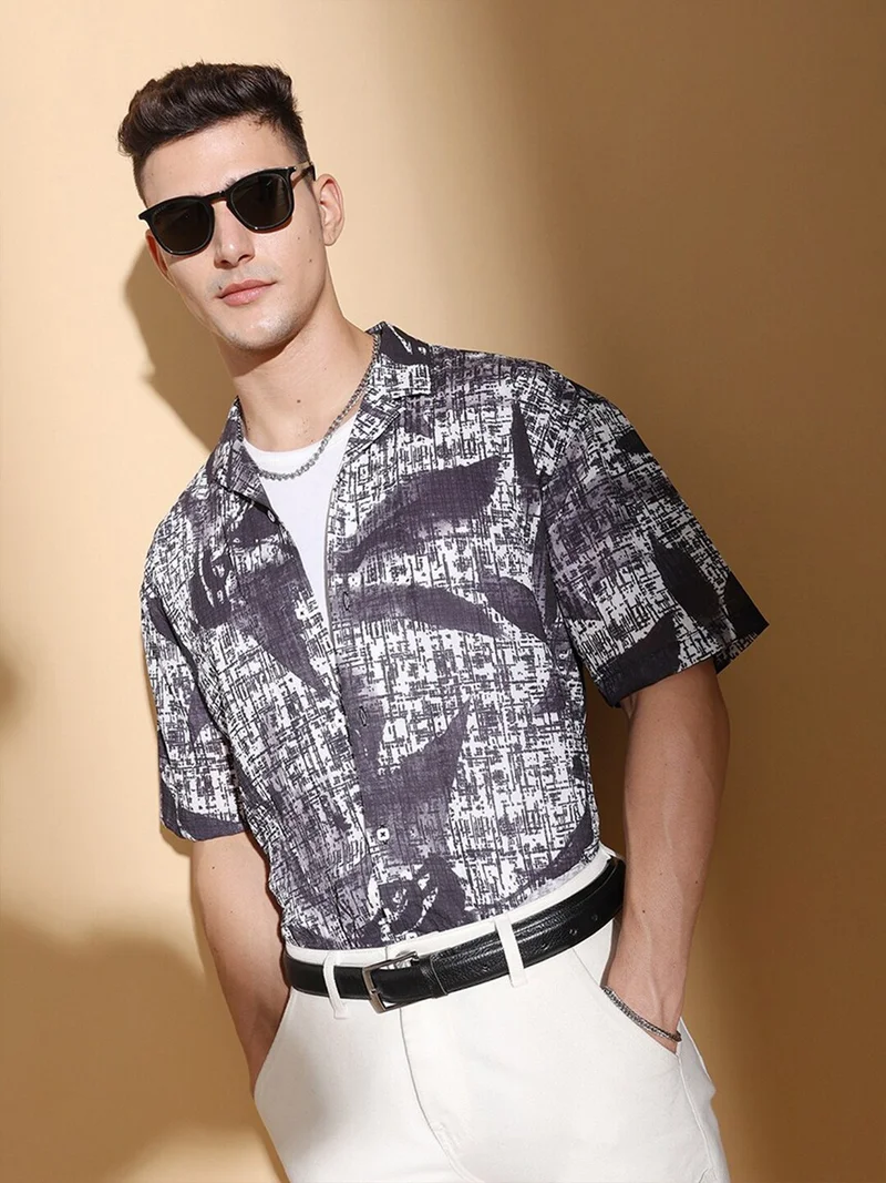 The Indian Garage Co Men Relaxed Fit Abstract Printed Half Sleeves Cuban Collar Resort Wear Shirt