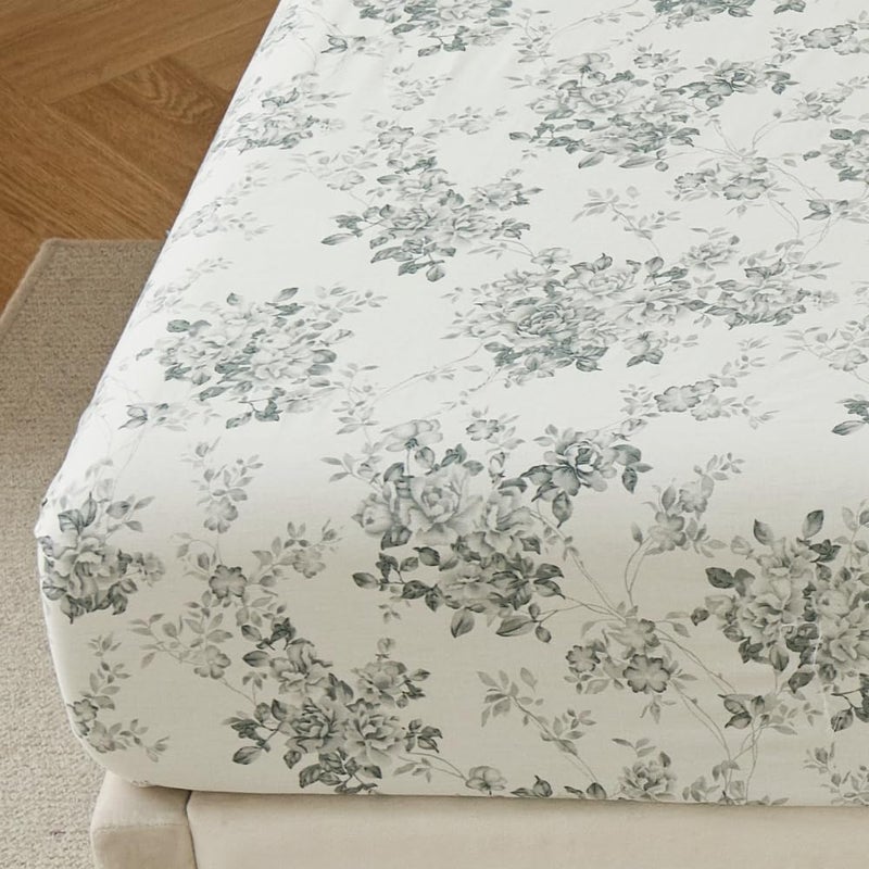 DAUAOTO 100% Cotton Bedding Printed Sheets Set for Queen Size Bed Up to 14" Deep Mattress, Toile Rose Floral Pattern Bedlinen Sets, Gray - Image 3