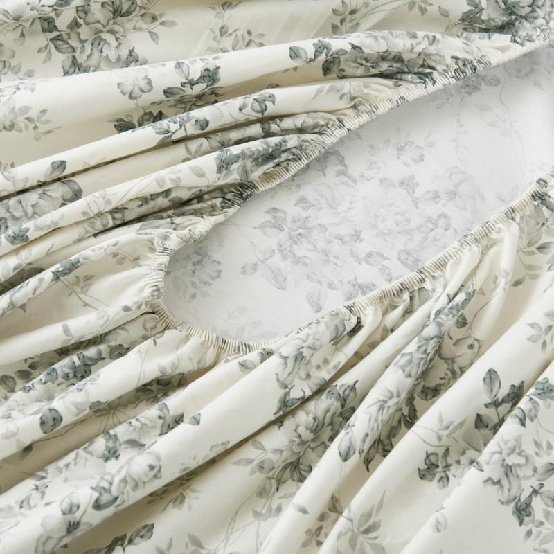 DAUAOTO 100% Cotton Bedding Printed Sheets Set for Queen Size Bed Up to 14" Deep Mattress, Toile Rose Floral Pattern Bedlinen Sets, Gray - Image 4