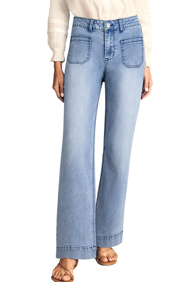 Astylish Straight Leg Jeans for Women High Waisted Stretchy Denim Pants Casual Baggy Jean Trousers with Trendy 2025 Patch Pockets Size 14 Light Blue - Image 1