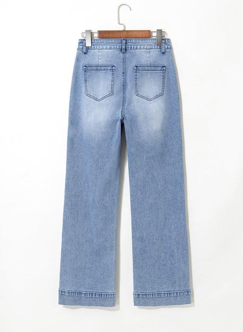 Astylish Straight Leg Jeans for Women High Waisted Stretchy Denim Pants Casual Baggy Jean Trousers with Trendy 2025 Patch Pockets Size 14 Light Blue - Image 4