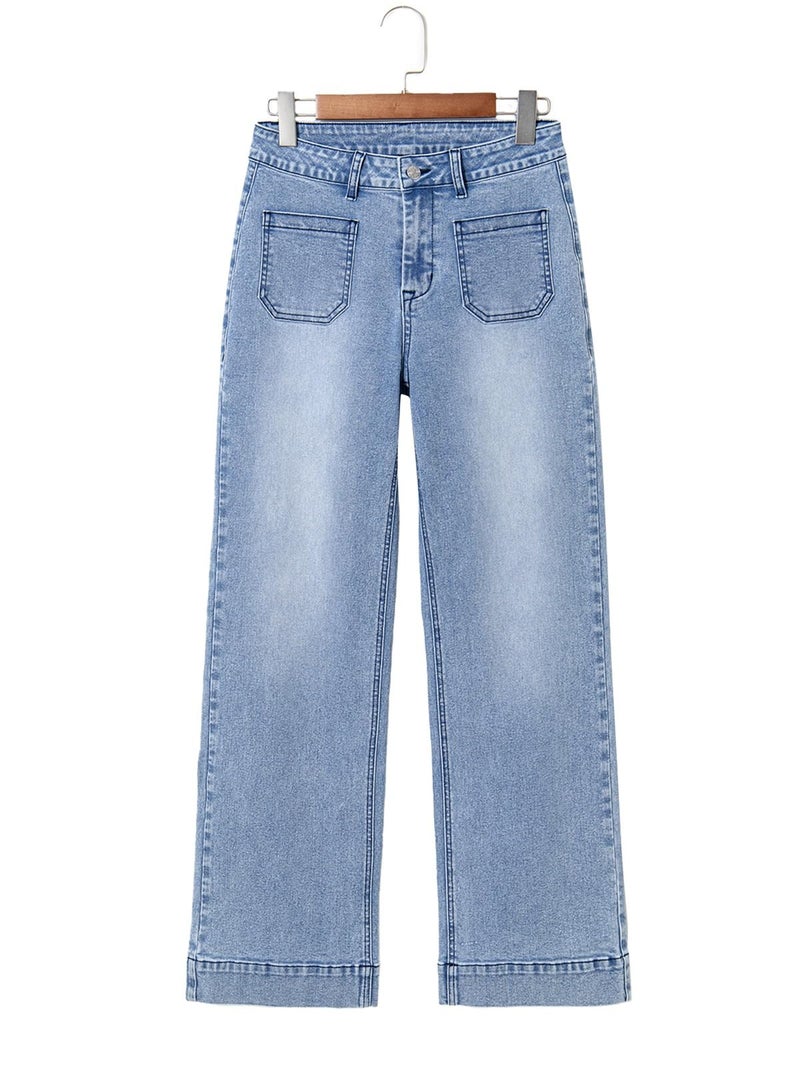 Astylish Straight Leg Jeans for Women High Waisted Stretchy Denim Pants Casual Baggy Jean Trousers with Trendy 2025 Patch Pockets Size 14 Light Blue - Image 3