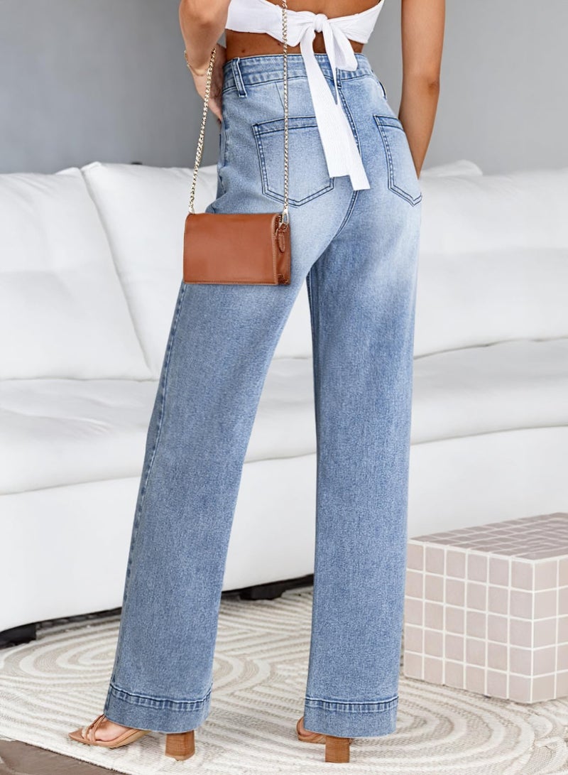 Astylish Straight Leg Jeans for Women High Waisted Stretchy Denim Pants Casual Baggy Jean Trousers with Trendy 2025 Patch Pockets Size 14 Light Blue - Image 2