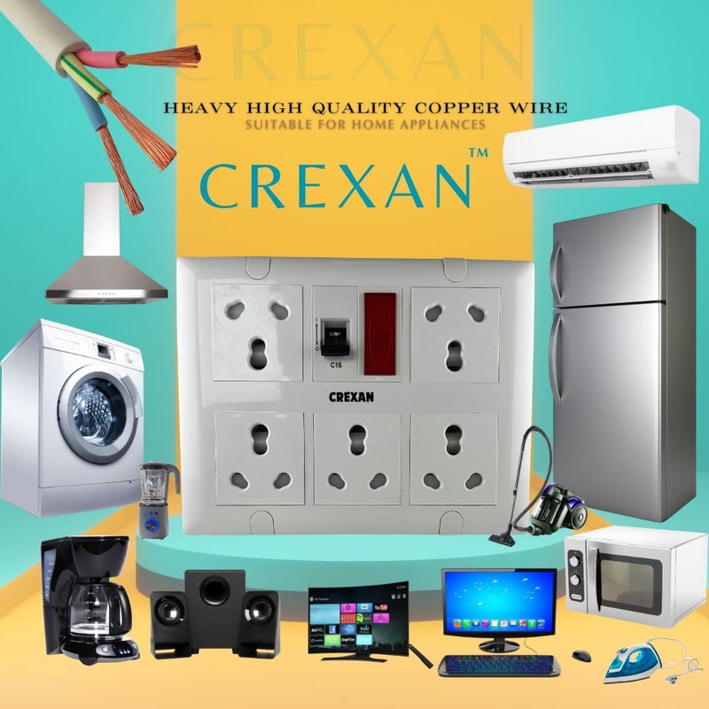Crexan Extension Board 6A16A 15002500 Wattage with 16 Amp Socket 5nos with Safety Shutter 16A MCB with Power Indicator 25 Sqmm 3 Core White Copper Wire 2500 Wattage 16A Big Plug 15 Meter - Image 2