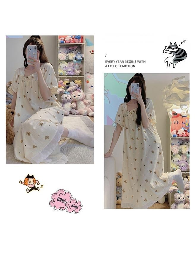 Short-Sleeved Nightdress Women's Cute Cotton Gauze Wrinkled Cloth Korean Cartoon Pajamas Long Loose Home Clothes  - Image 2