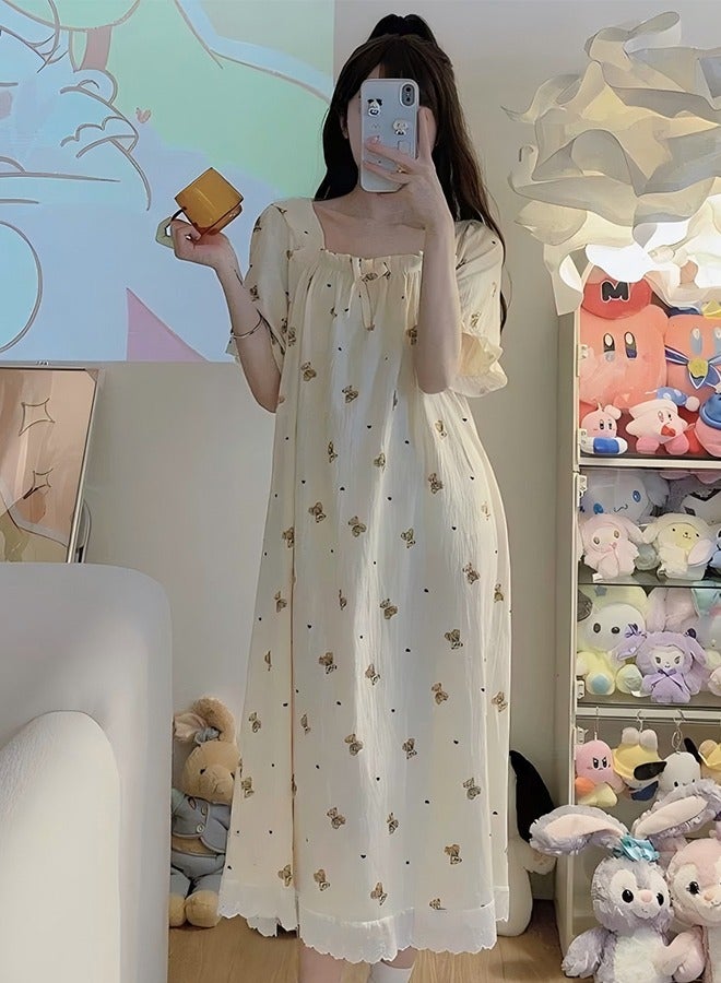 Short-Sleeved Nightdress Women's Cute Cotton Gauze Wrinkled Cloth Korean Cartoon Pajamas Long Loose Home Clothes  - Image 5