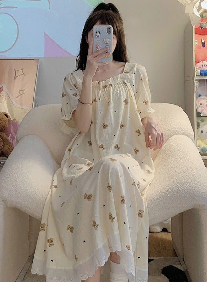 Short-Sleeved Nightdress Women's Cute Cotton Gauze Wrinkled Cloth Korean Cartoon Pajamas Long Loose Home Clothes  - Image 3