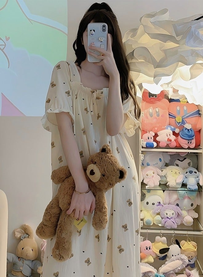 Short-Sleeved Nightdress Women's Cute Cotton Gauze Wrinkled Cloth Korean Cartoon Pajamas Long Loose Home Clothes  - Image 4