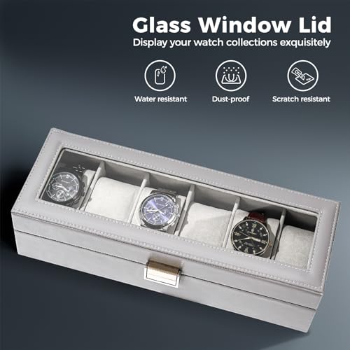 ProCase Watch Box for Men, 6 Slot Mens Watch Case, Watch Storage Watch Holder Organizer for Men, Watch Display Case With Glass Lid -6 Slot, Grey - Image 3