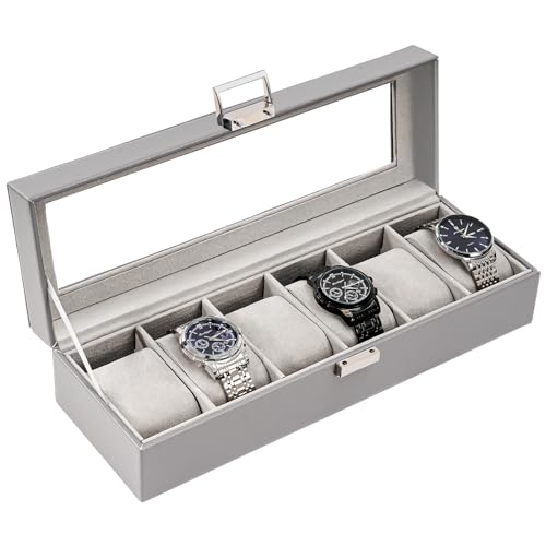 ProCase Watch Box for Men, 6 Slot Mens Watch Case, Watch Storage Watch Holder Organizer for Men, Watch Display Case With Glass Lid -6 Slot, Grey - Image 1