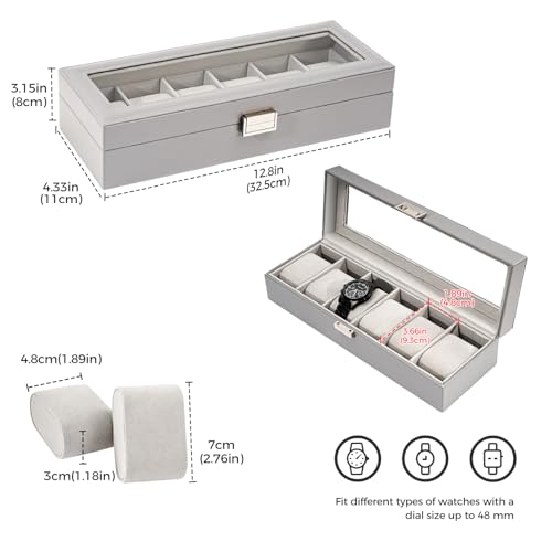 ProCase Watch Box for Men, 6 Slot Mens Watch Case, Watch Storage Watch Holder Organizer for Men, Watch Display Case With Glass Lid -6 Slot, Grey - Image 5