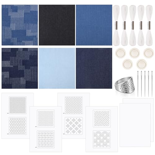 Booson 28 Pcs Sashiko Thread Kit Sashiko Needles Denim Fabric Embroidery Patterns Thimble Water Soluble Embroidery Kit for Sewing Hand Quilting Mending Supplies - Image 1