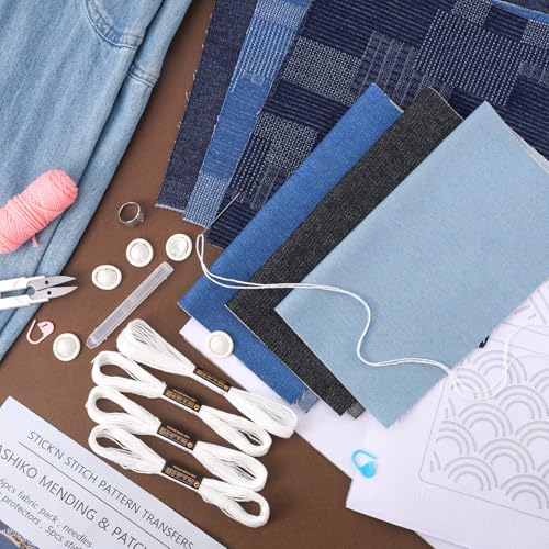 Booson 28 Pcs Sashiko Thread Kit Sashiko Needles Denim Fabric Embroidery Patterns Thimble Water Soluble Embroidery Kit for Sewing Hand Quilting Mending Supplies - Image 4