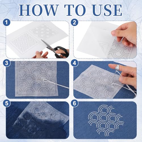 Booson 28 Pcs Sashiko Thread Kit Sashiko Needles Denim Fabric Embroidery Patterns Thimble Water Soluble Embroidery Kit for Sewing Hand Quilting Mending Supplies - Image 5