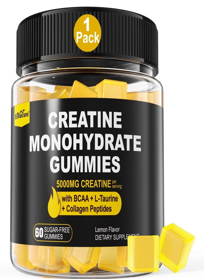 EnvyCure Creatine Monohydrate Gummies for Men & Women - with BCAA, Collagen Peptides, L-Taurine, Vitamin B12, D3, Creatine Monohydrate 5000mg (5g) Per Serving, Lemon Flavor, Sugar Free, 1 Pack - Image 1