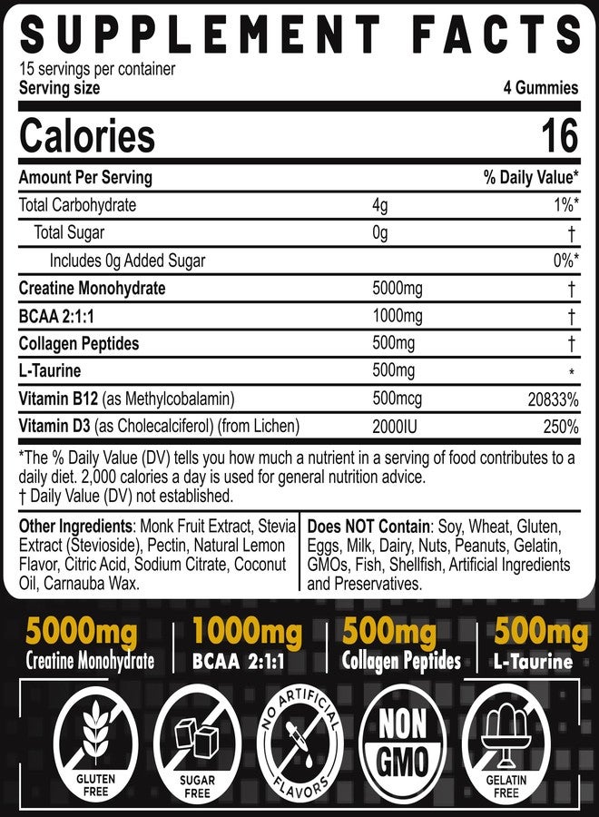 EnvyCure Creatine Monohydrate Gummies for Men & Women - with BCAA, Collagen Peptides, L-Taurine, Vitamin B12, D3, Creatine Monohydrate 5000mg (5g) Per Serving, Lemon Flavor, Sugar Free, 1 Pack - Image 2
