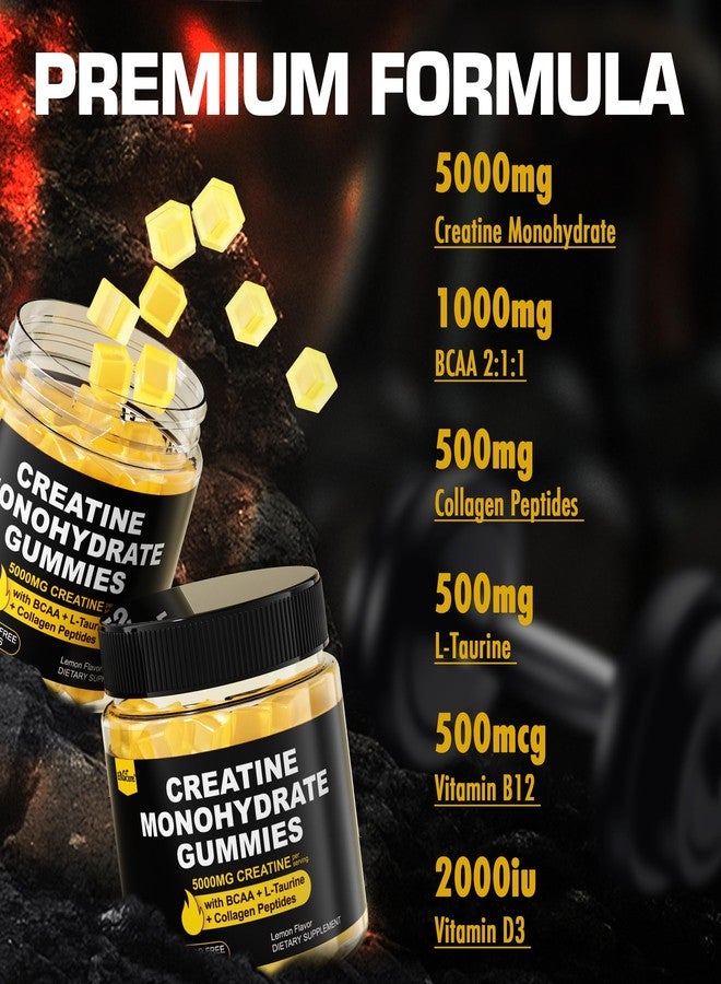 EnvyCure Creatine Monohydrate Gummies for Men & Women - with BCAA, Collagen Peptides, L-Taurine, Vitamin B12, D3, Creatine Monohydrate 5000mg (5g) Per Serving, Lemon Flavor, Sugar Free, 1 Pack - Image 3