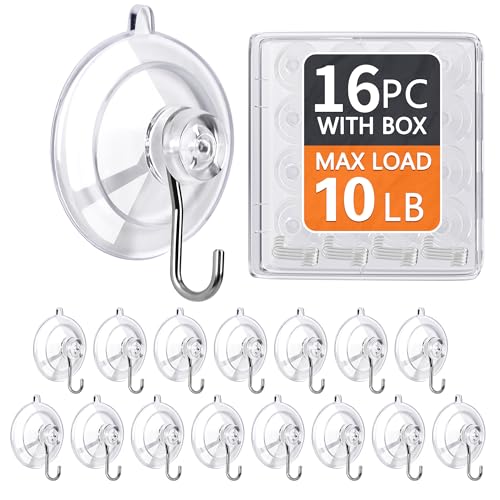 KORCCI Suction Cup Hooks 16Pack - Max Load 10LB, 1.77Inch Clear Medium Suction Cups, No Trace, Reusable & Removable, Stainless Steel Hooks, for Tile, Glass, Window, Shower, Kitchen, Bathroom - Image 1