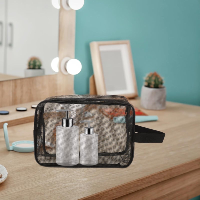 Black Mesh Toiletry Bag with Zipper Portable Shower Tote Travel Organizer for Men Gym Bathroom Storage - Image 5