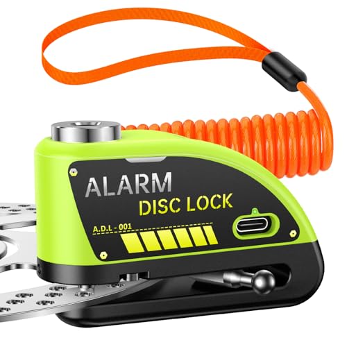 ONVIAN Motorcycle Disc Brake Lock with 120dB Alarm, Rechargeable Waterproof Motorcycle Locks Anti Theft for 7mm Motorcycle Brake Helmet Scooter Wheel Lock 5FT Reminder Cable (Lemon Yellow) - Image 1