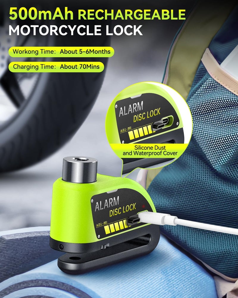 ONVIAN Motorcycle Disc Brake Lock with 120dB Alarm, Rechargeable Waterproof Motorcycle Locks Anti Theft for 7mm Motorcycle Brake Helmet Scooter Wheel Lock 5FT Reminder Cable (Lemon Yellow) - Image 4