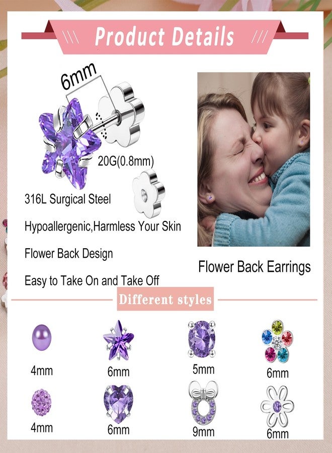 Staligue 8 Pairs Flower Back Earrings for Women Men Hypoallergenic Surgical Steel Earrings Pearl Flower Star Heart 20G Flat Back Cartilage Earrings Set (Purple) - Image 2