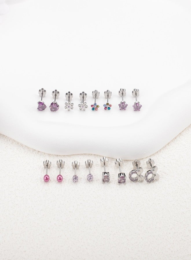 Staligue 8 Pairs Flower Back Earrings for Women Men Hypoallergenic Surgical Steel Earrings Pearl Flower Star Heart 20G Flat Back Cartilage Earrings Set (Purple) - Image 3