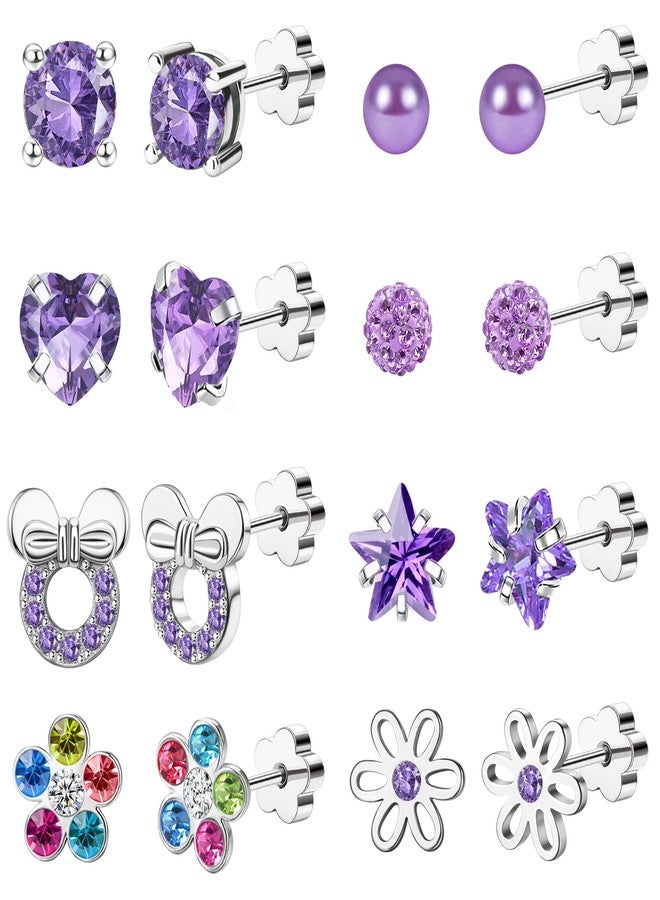 Staligue 8 Pairs Flower Back Earrings for Women Men Hypoallergenic Surgical Steel Earrings Pearl Flower Star Heart 20G Flat Back Cartilage Earrings Set (Purple) - Image 1