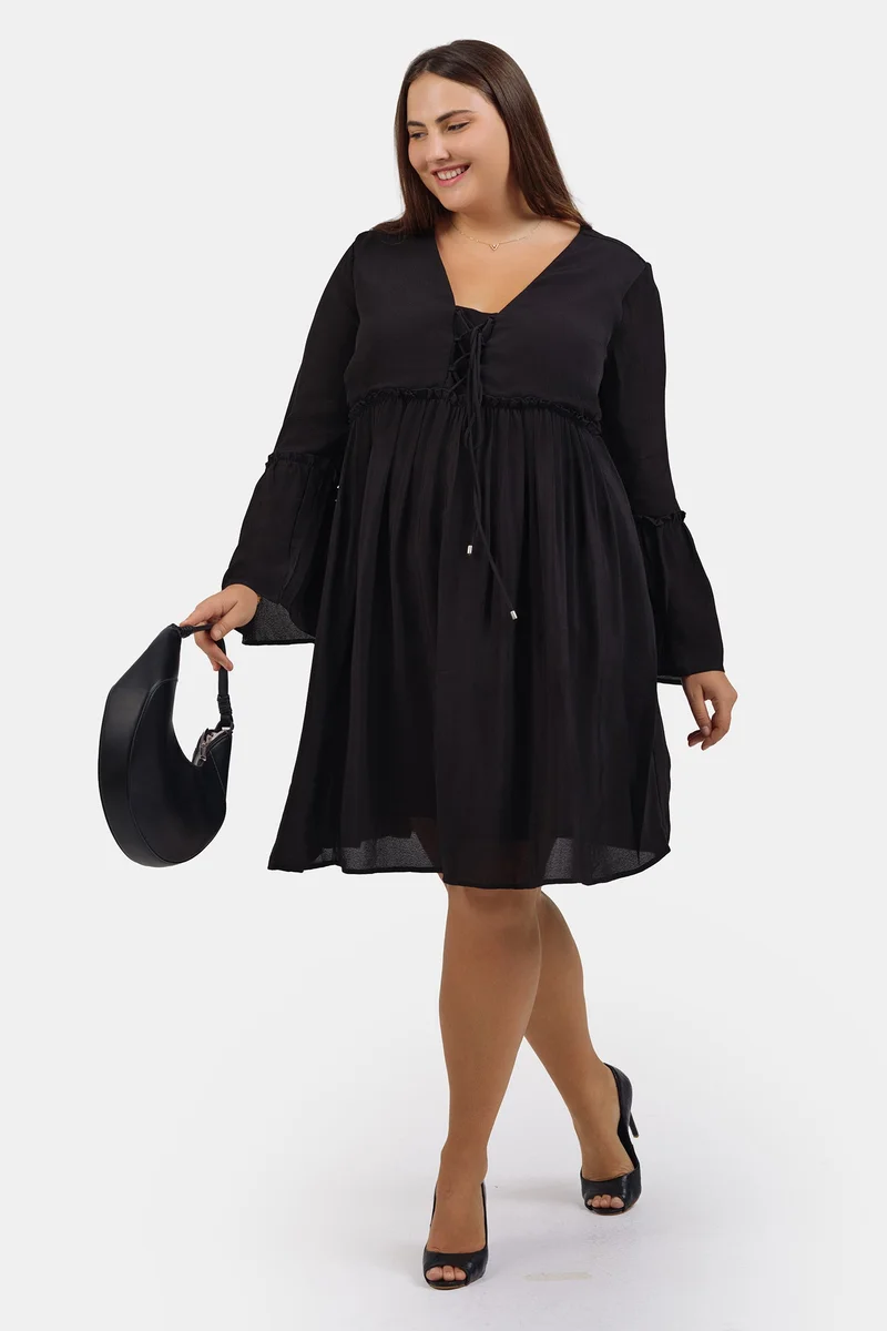 Virgio Solid Viscose Plus Size Dress With Gathers And Ruffles At Sleeve for Women