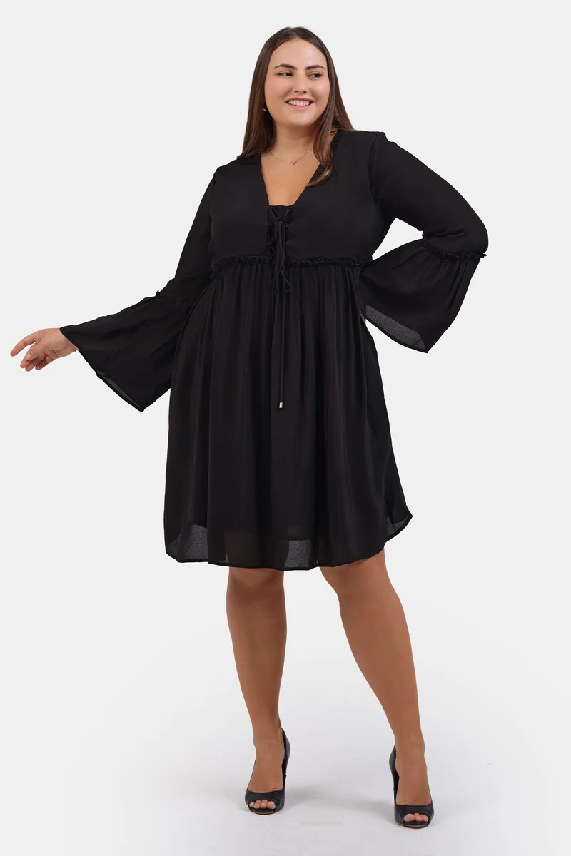 Virgio Solid Viscose Plus Size Dress With Gathers And Ruffles At Sleeve for Women