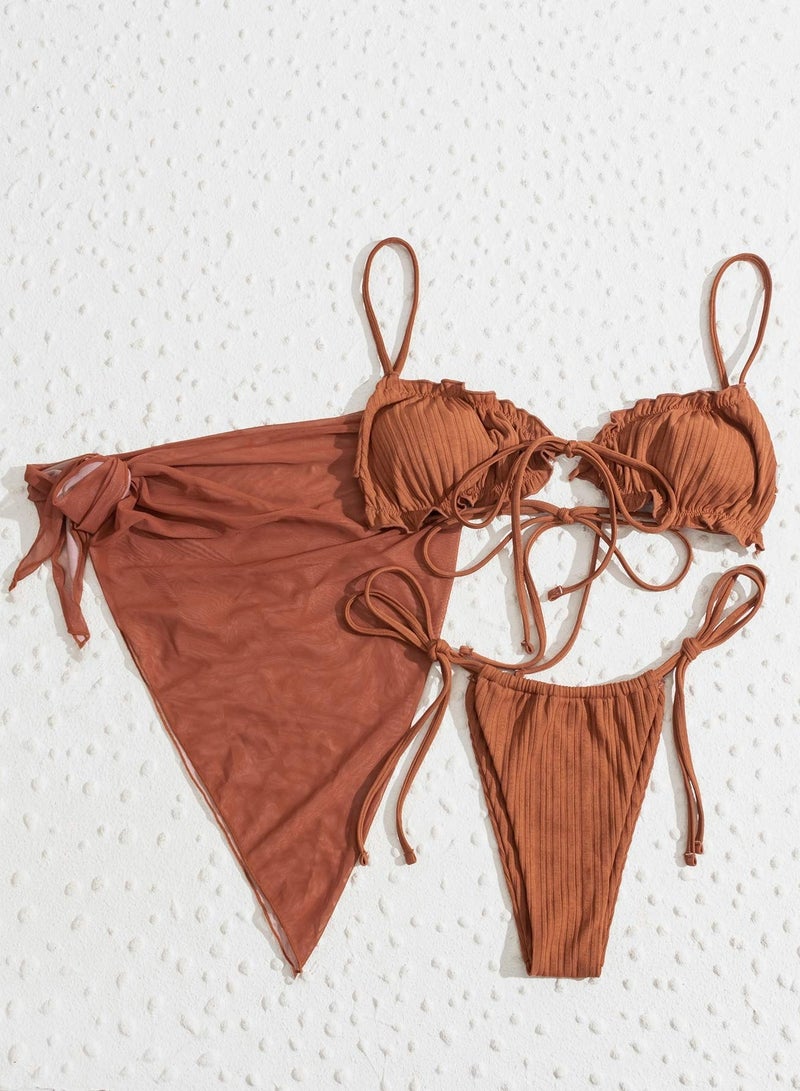 KASTWAVE Bikini Swimsuit, Sexy Ribbed Padded String Thong Brazilian Set for Women 3 Piece Lettuce Trim and Cover Up Beach Skirt - Image 1