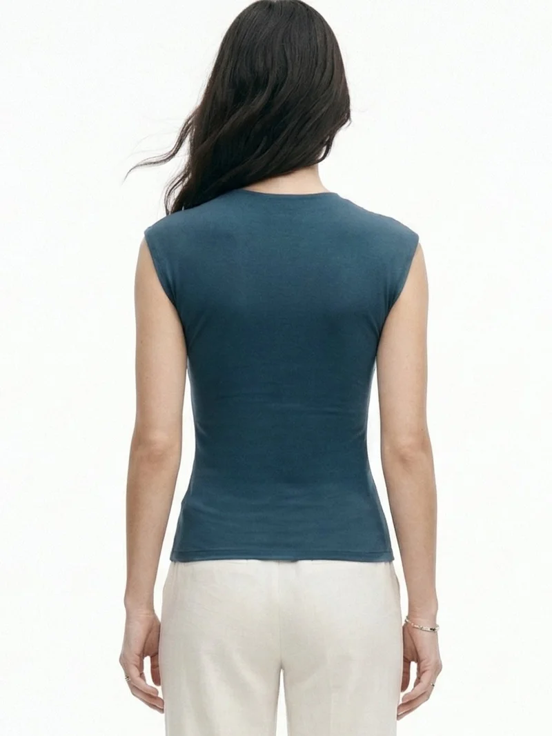 Outzidr  Teal Twisted Knot Detailed Fitted Top for Women | Best Price UAE