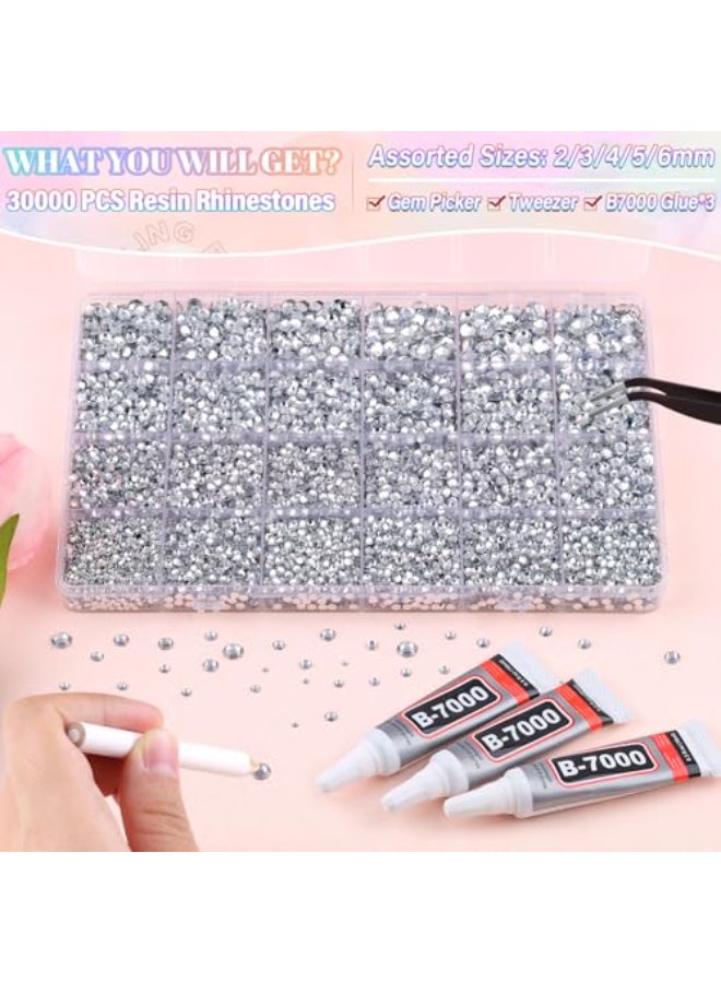 BELLEBOOST 30000Pcs Resin Silver Clear Rhinestones for Bedazzling Crafting with b7000 Jewelry Glue Bulk Flatback Gems Bedazzler Kit for Crafts Clothes Shoes Fabric Nail Diamond Art Assorted Size 23456mm - Image 3