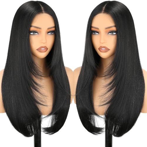 NOSTALGIA Black Wear and Go Glueless Wigs Straight Lace Front Wig Pre Cut Glueless Synthetic Layered Wig 26 Inch Middle Part Closure Wig For Women - Image 1