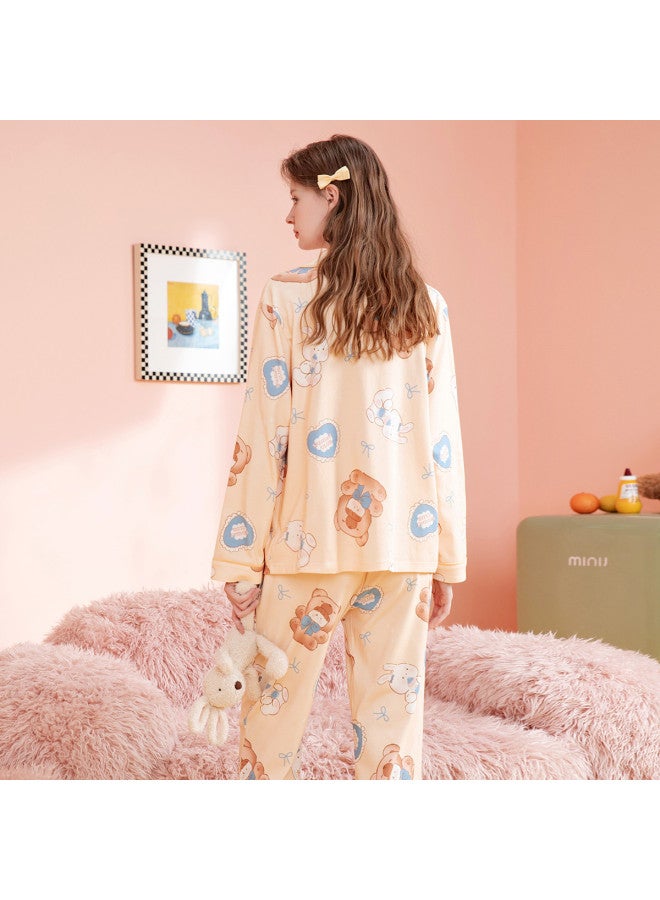 Fenton women's Pajama Set - Long Sleeve Front Open Cardigan, Cartoon Print, Homewear & Loungewear, Pure Cotton Outfit - Image 3